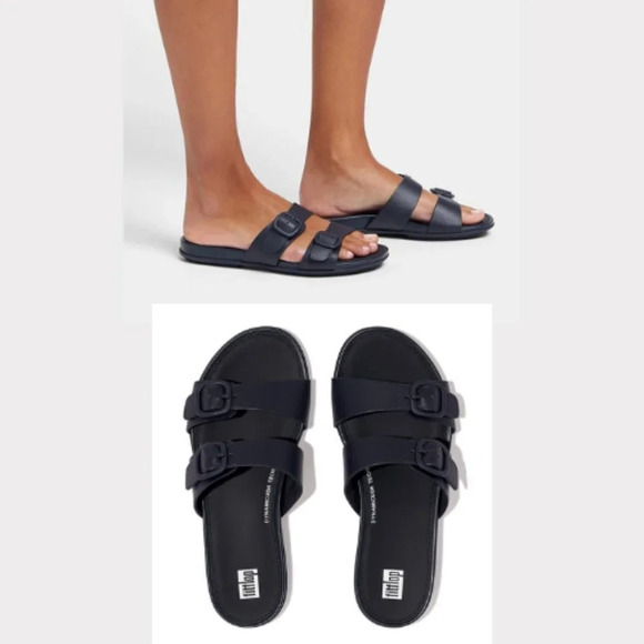 New! Fitflop GRACIE Buckle Two-Bar Leather Slides midnight navy - Picture 1 of 7